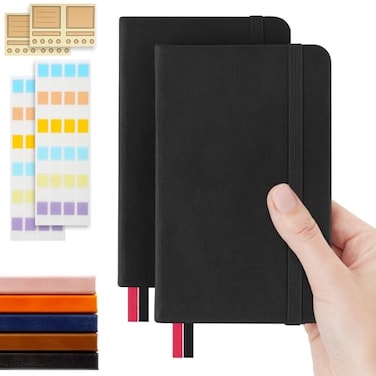 MicroSpark Pocket Dotted Notebook 2Pack Dot Grid Notebook Dotted Journal with Stickers 35 x 55 Hardcover Small Mini A6 size 160 Pages 100 gsm Thick Paper Black
