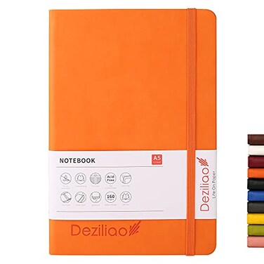 Deziliao Hardcover Notebook Journal 160 Pages Lined Journal Notebooks for Work 100Gsm Premium Thick Paper with Pocket Medium 57x84 Orange Ruled