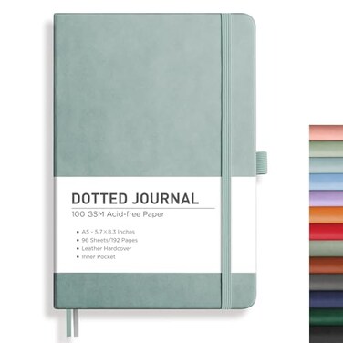 RETTACY Dotted Journal Notebook 192 Pages A5 Medium Size 57 x 83 Leather Hardcover 100 GSM Thick Paper for Journaling Planning Tracking Bluegray