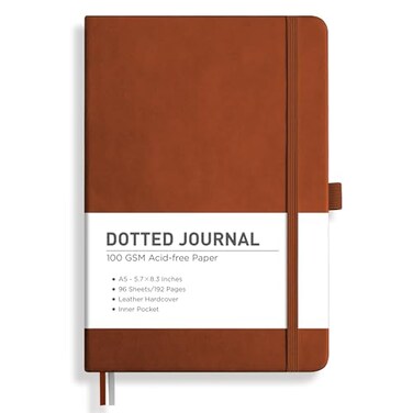 RETTACY Dotted Journal Notebook 192 Pages A5 Medium Size 57 x 83 Leather Hardcover 100 GSM Thick Paper for Journaling Planning Tracking Brown