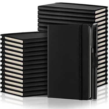 Laumoi 36 Sets Pocket Notebook Journals with Pens A6 Cute Small Journal Notebook Ruled Lined Mini Notepad Hardcover Executive Notebooks Set with Pen Holder for School Office 37 x 57 Inch Black