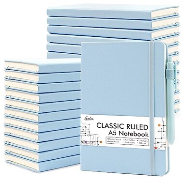 feela 24 Pack Journal Notebook for Work Business Notebook Bulk Hardcover Lined Writing Journal with Pen Holder for Men Women Note Taking with 24 Black Pens 120 GSM 51x83 A5 Light Blue