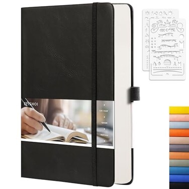 EMSHOI Dotted Notebook 256 Pages A5 Dotted Grid Journal Notebook120gsm Thick Paper16 Perforated Pages Smooth PU Leather Inner Pocket575 838Black