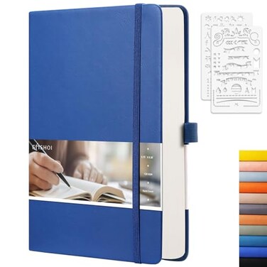EMSHOI Dotted Journal Notebook 256 Pages 120 GSM Thick Paper A5 Small 575x838 PU Leather Hardcover 5mm Dot Grid Notebook for Journaling Planning Drawing Writing Blue