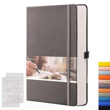 EMSHOI Dotted Journal Notebook 256 Pages 120 GSM Thick Paper A5 Small 575x838 PU Leather Hardcover 5mm Dot Grid Notebook for Journaling Planning Drawing Writing Dark Grey