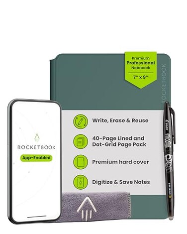 Rocketbook Pro Smart Reusable Notebook Lined Dotted Interchangeable Pages For Work and Business Meetings Executive 7x9 Green