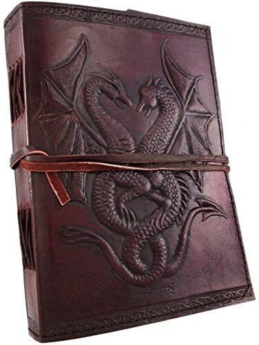 AzureGreen DOUBLE DRAGON Blank Page BOOK Handcrafted Leather Writing Unlined 5 x 7 JOURNAL MEDIUM Large Brown 8x6