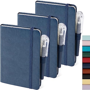 NIRMIRO Pocket Notebook Journals 3 Pack Mini Small Notebooks for Work Leather Cover Notepad with 3 pens Elastic Closure Blue