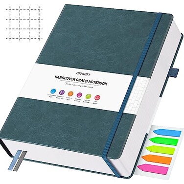 OFFIGIFT Graph Paper Notebook 312 Numbered Pages A5 Hardcover Leather Journal 100gsm No Bleed Grid Paper Notebook with Index Pages Grid Notebook for Graphing Notes Math 575 x 838 Grey Blue