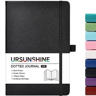 URSUNSHINE Dotted JournalNotebook Dot Grid Hard Cover Notebook Premium Thick Paper with Fine Inner Pocket Black Smooth Faux Leather Pen Loop 53826 Black