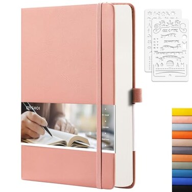 EMSHOI A5 Dotted Notebook Hardcover Leather Journal 256 Pages 120gsm Thick Paper A5 Journal 575x838 16 Perforated Pages Inner Pocket Durable Dot Grid Notebook for Bullet Journaling Pink
