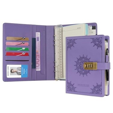 WASON Journal with Lock A5 Binder Diary Ruled Spiral Notebook Planner Portfolio and Refillable Writing Lined Paper Notepad Pen Clipboard Organizer For Ideal Business School Travel Purple