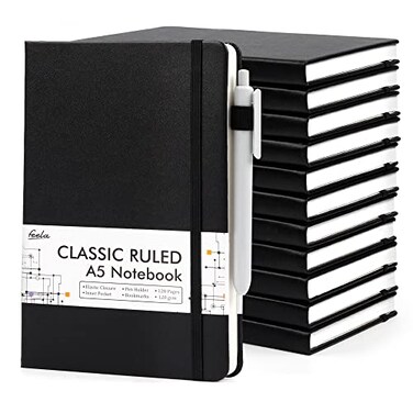 feela 12 Pack Notebooks Journals Bulk with 12 Black Pens Feela A5 Hardcover Notebook Classic Ruled Journal Set with Pen Holder for School Business Work Travel Writing 120 GSM 51x83 Black