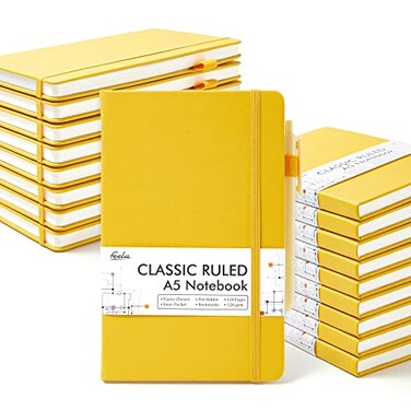 feela 18 Pack Journal Notebook for Work Business Notebook Bulk Hardcover Lined Writing Journal with Pen Holder for Men Women Note Taking with 18 Black Pens 120 GSM 51x83 A5 Yellow