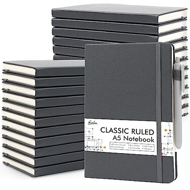 feela 24 Pack Journal Notebook for Work Business Notebook Bulk Hardcover Lined Writing Journal with Pen Holder for Men Women Note Taking with 24 Black Pens 120 GSM 51x83 A5 Gray