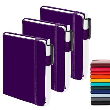 feela 3 Pack Pocket Notebook Journals Mini Cute Small Journal Notebook Bulk Hardcover College Ruled Notepad with Pen Holder for Office School Supplies with 3 Black Pens 35x 55 A6 Purple