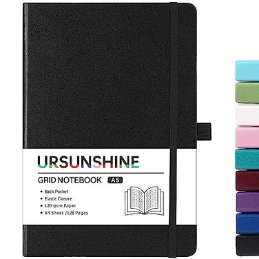 URSUNSHINE Graph Grid Paper NotebookJournal Classic JournalNotebook with Ribbon Divider Hardcover with Thick Paper 53 x 826 Banded Pen Holder Inner Pocket Black