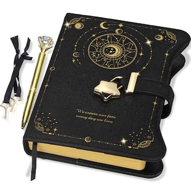 Hoci Poci Diary with Lock and Keys for Girls Gift Ideas 360 Kraft Pages Journal for Women B6 Refillable Notebook for Writing with Pen and Bookmark Astro Black