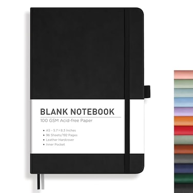 RETTACY Blank Journal Notebook 192 Pages A5 Medium Size 57 x 83 Leather Hardcover 100 GSM Thick Paper for Sketching Drawing Painting Black