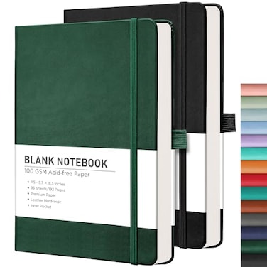 RETTACY Blank Journal Notebook 2Pack 192 Pages per Pack A5 Medium Size 57 x 83 Leather Hardcover 100 GSM Thick Paper for Sketching Drawing Painting Black Dark Green