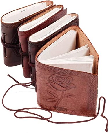TUZECH Handmade Leather Bound Book of Shadows Mini Notebook Blank Unlined Small Pocket Tiny Journal For Office Artist Architect Personal Note Vintage Diary for Women and Men Rose Miniature Set of 4