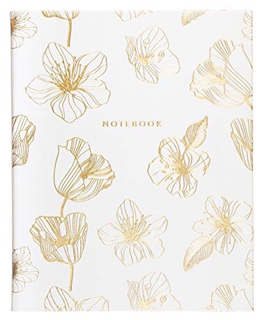 WORLD TRAVELER Large Lined Journal Notebook LayFlat Hardcover 2 Ribbon Bookmarks 256 Ruled White Ivory Pages 8x10 Inches Gold Flower