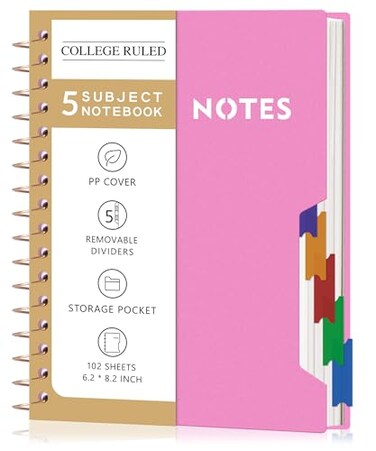 CAGIE Small Spiral Notebooks with Removable Dividers Tabs 5 Subject Notebook College Ruled A5 Notebooks for School Work with Plastic Cover Back Pocket Spiral Bound Pink