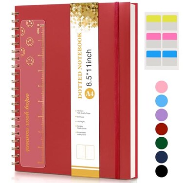 UEBZFOCS Dotted Notebook Spiral Notebook Journal 85 x 11 A4 Large Dot Grid Notebooks for Women Men 100 GSM Dotted Paper Plastic Hardcover Spiral Bullet Journals for Work School Sketching Red
