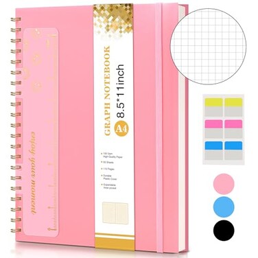 UEBZFOCS Graph Paper Notebook Spiral Notebook Journal 85 x 11 A4 Large Grid Notebooks for Women Men 100 GSM Graph Paper Plastic Hardcover Spiral Graphing Journals for Work School Engineering Pink