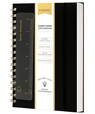 Yoment Graph Paper Spiral Notebook A5 Graphing Notebook 160 Pages Graph Paper Notebook Spiral Bound Waterproof Plastic Hardcover Spiral Journal 5x7 Grid Notebooks for Note TakingBlack