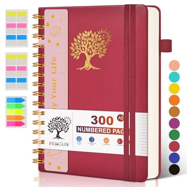 PERCUN Spiral Notebook Journal for Women Men 300 Numbered Lined Pages College Ruled A5 Hardcover Spiral Bound Notebook for School Work Note Taking Writing Leather Spiral Journal Medium 59x85