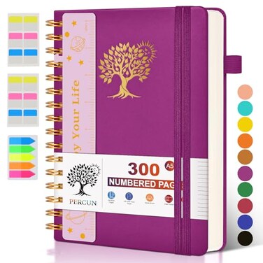 PERCUN Spiral Notebook Journal for Women Men 300 Numbered Lined Pages College Ruled A5 Hardcover Spiral Bound Notebook for School Work Note Taking Writing Leather Spiral Journal Medium 59x85
