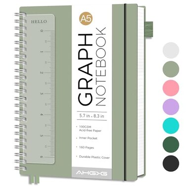 AHGXG Graph Paper Notebook Spiral Notebook Journal 160 Pages A5 Graph Notebook 57 x 83 100 gsm Thick Grid Paper Waterproof Plastic Cover for School Writing Engineering Math Sage Green