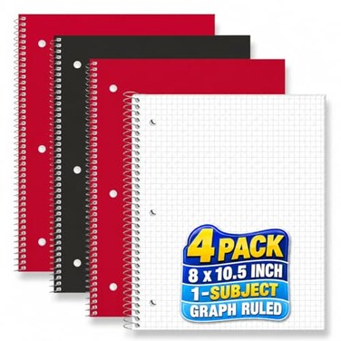 1InTheOffice Graph Paper Notebook Spiral Paper Notebook Quad Ruled 8 x 105 5 Squares Per Inch 70 SheetsPack 4 Pack