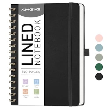 AHGXG Lined Spiral Notebook Journal for Women 140 Pages Hardcover Leather Notebook College Ruled A5 57 x 83 100 GSM Thick Paper Notebooks for School Work Journals for Writing Black