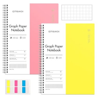 EMSHOI B5 Graph Spiral Notebook 2Pack 320 Pages 100GSM Thick Paper Waterproof Cover Grid for School Work Journaling Ideal for Students Professionals Teachers Gifts Pink yellow