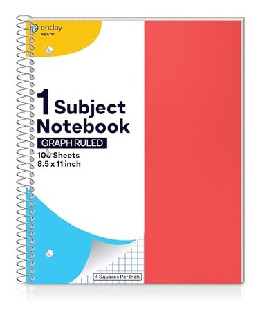 Enday Graph Paper Notebook 85 x 11 with Plastic Cover 1 Red Grid Notebook Graph paper spiral notebook Graph notebook 4 Squares per inch Grid paper notebook White Paper Quad Ruled Spiral