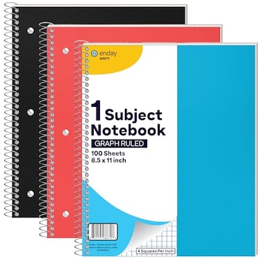 Enday Graph Paper Notebook 85 x 11 with Plastic Cover 3 Pack Blue Red and Black Grid Notebook Graph paper spiral notebook 4 Squares per inch Grid paper notebook White Paper Quad Ruled Spiral