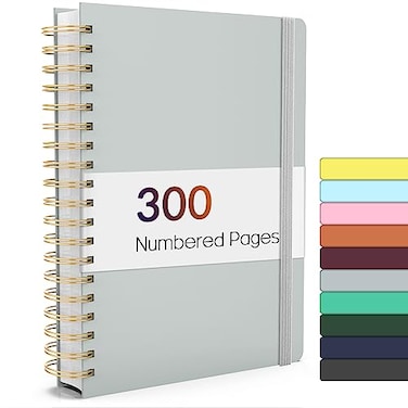 Forvencer Lined Spiral Journal Notebook with 300 Numbered Pages B5 College Ruled Thick Journals for Writing with 100GSM Paper Hardcover Notebooks with Contents for Work School Women Men Grey