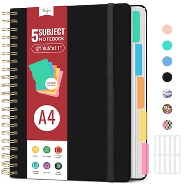 Taja Hardcover Spiral Journal Notebooks for Work With Removable Dividers Tabs 85x11 5 Subject Notebook for Note Taking Organizer A4 College Ruled Lined Journal for Women Writing Black 280 Pages