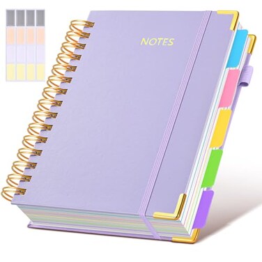dilitego Hardcover Spiral Notebook journal with Removable Dividers Tabs 300 Pages Leather 5 Subject Notebook College Ruled 100GMS A5 Notebooks for Work School Note takingLined Journal for WomenA5 Purp