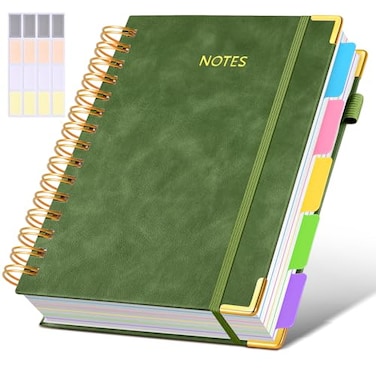 dilitego Hardcover Spiral Notebook journal with Removable Dividers Tabs 300 Pages Leather 5 Subject Notebook College Ruled 100GMS A5 Notebooks for Work School Note takingLined Journal for WomenA5Green