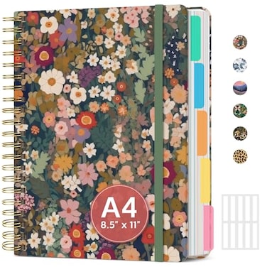 Taja Large Spiral Notebook with Dividers Tabs 85 x 11 Hardcover 5 Subject Notebook for Work 280 pages College Ruled Cute Journal for Women Perfect for Study Office Note Taking Garden