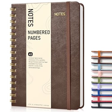 PAPEJOON Lined Spiral Journal Notebook A5 Hardcover Spiral Journals for Women Men 150 Numbered Pages Spiral Bound Notebook 100 GSM College Ruled Notebooks for Writing Note Taking 575 x 838 Dark Brown