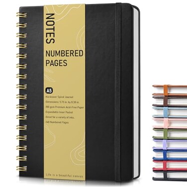 PAPEJOON Lined Spiral Journal Notebook A5 Hardcover Spiral Journals for Women Men 150 Numbered Pages Spiral Bound Notebook 100 GSM College Ruled Notebooks for Writing Note Taking Working 575 x 838 Bla