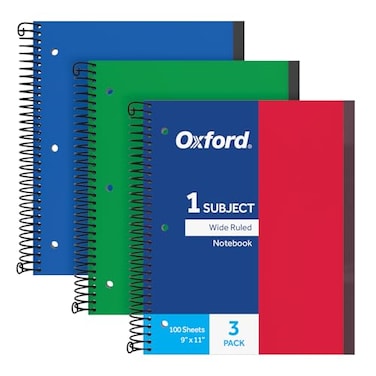 Oxford Spiral Notebook 3 Pack 1 Subject Wide Rule Journal Durable Plastic Covers 1 Pocket 85 x 11 Inches 100 Sheets Red Green Blue 89802