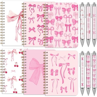 Resurhang 6 Pack Pink Bow Spiral Pocket Notebooks Coquette Bow A6Small Notebooks Cute Preppy Aesthetic Journal with Ballpoint Pens for Office School Day Classroom Prize Gifts 57 x 41 Inch