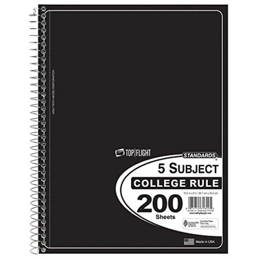 Top Flite Top Flight Standards 5Subject Wirebound Notebook 200 Sheets 3Hole Punched College Rule 105 x 8 Inches 1 Notebook Color May Vary 31820