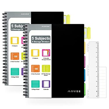 MOWEE 5 Subject Notebook 2 Pack College Ruled Notebook with Storage Divider Pockets Index Tabs 11 Ruler 100 Sheets of 200 Pages for Writing Journal School Business Office Supplies A4 2pcs