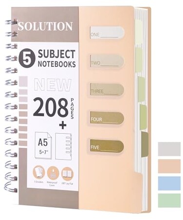 FLYING EAGLE Small 5 Subject Notebook College Ruled Spiral Notebook 5x7 with Dividers Tabs Waterproof Plastic Cover Thick Paper Notebooks for Work School Orange